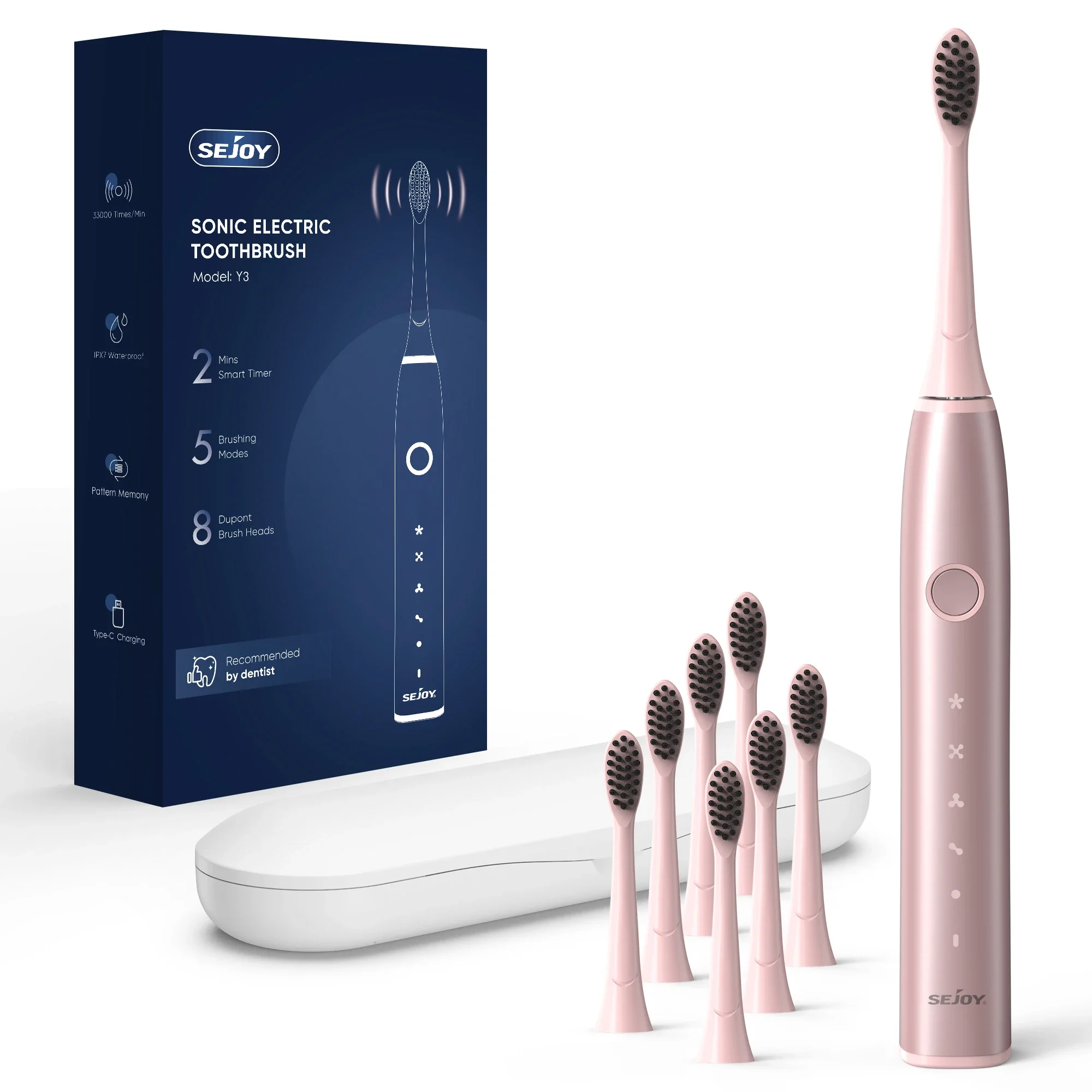 

Sejoy Electric Toothbrush Tooth Brush USB Rechargeable Adult Ultrasonic Teeth Cleaning 8 Replacement Toothbrush Heads