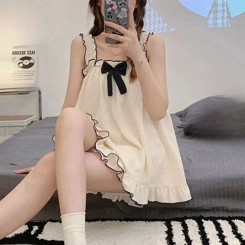 Summer Girl Student Bow Knot Camisole Pajamas Women Top Shorts 2-piece Set Worn Outside Student Homewear Casual Loungewear Woman