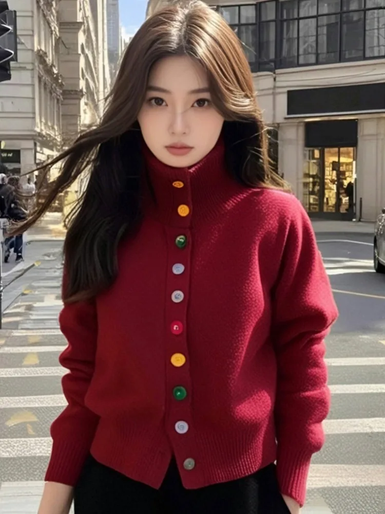 

Свободный женский трикотаж, свитер с высоким воротником, осень-зима, новая верхняя одежда на пуговицах, удобная корейская версия для ленивых