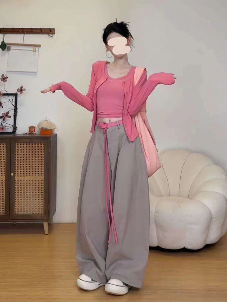 

Pink Open Cardigan Set Casual Inner Vest And Pants Soft Korean Style Spring New Arrival Women's Comfortable Fashion Set