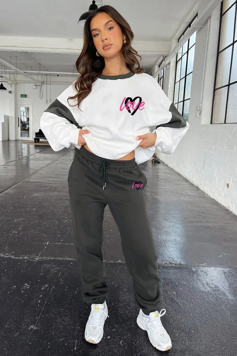 Novo outono e inverno impresso contraste cor sweatshirts para mulheres moda casual calças definir mangas compridas duas peças terno