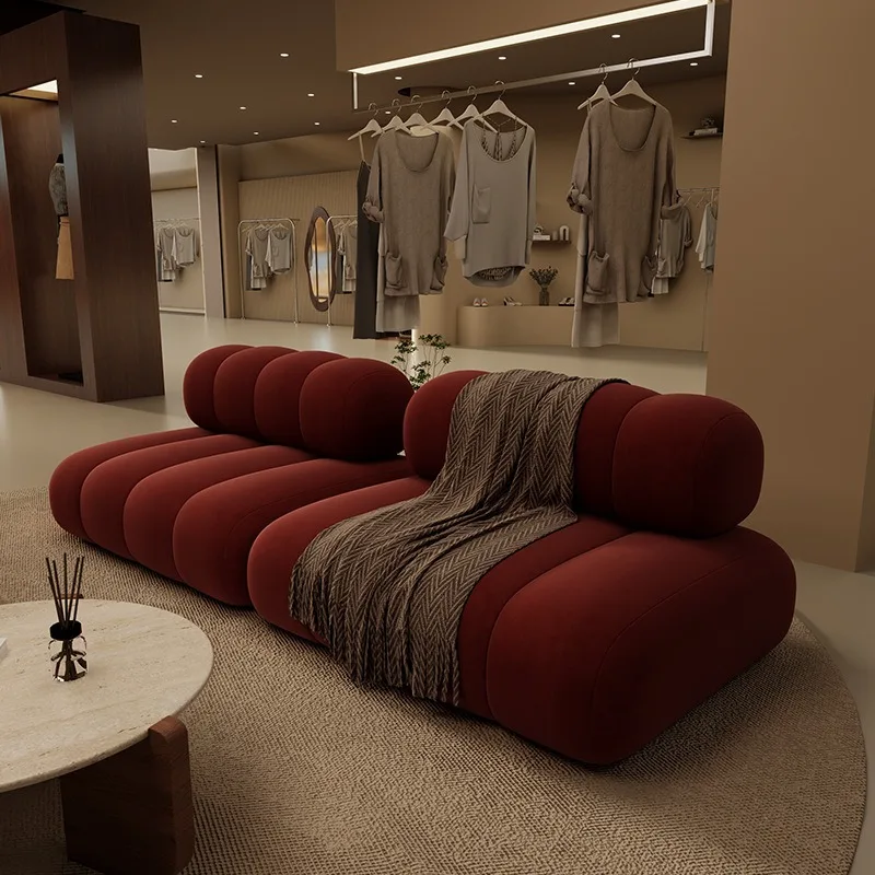 Burgundy straight-row sofa, tofu block module clothing store beauty salon office hotel lobby lounge area