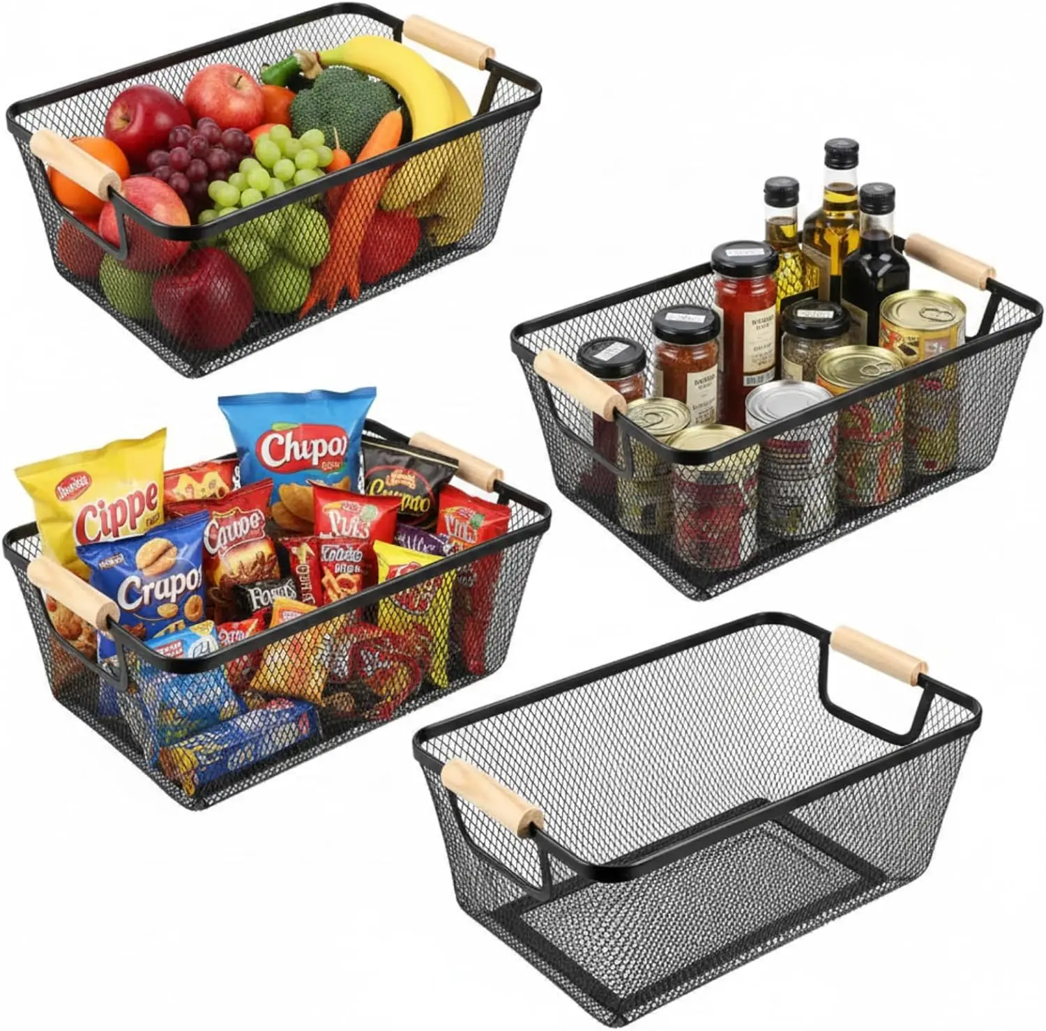 

Набор из 4 металлических проволочных корзин с деревянными ручками для хранения дома: на кухне, в кладовой или гардеробной - средний размер, черный цвет