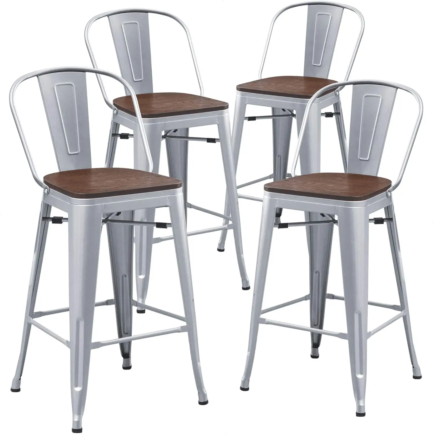 

Aklaus Industrial Metal Bar Stools Set of 4 26 Inch Counter Height Barstools with Backs Farmhouse Style Silver