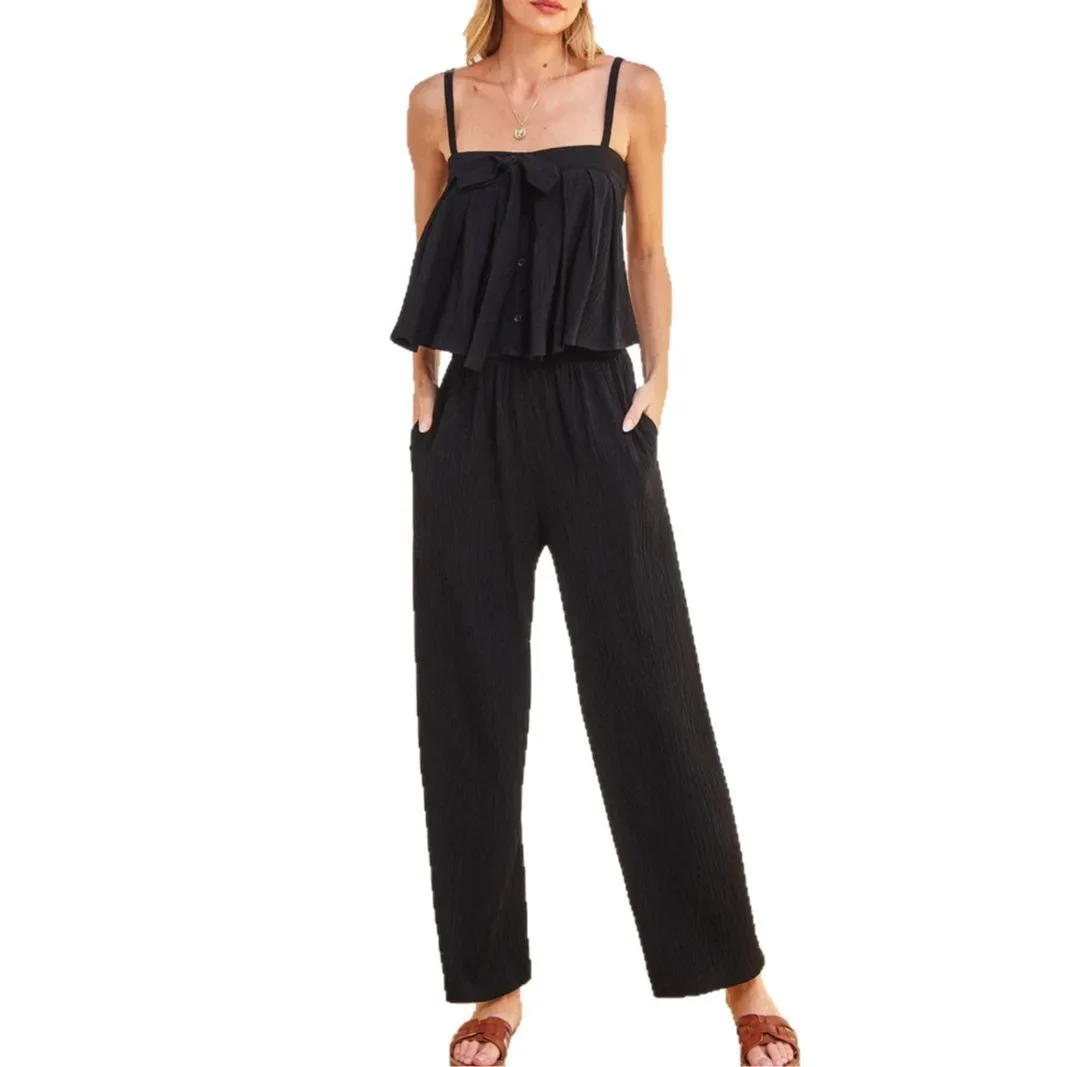 ผู้หญิงสีทึบผีเสื้อSuspenderแขนกุดBacklessเสื้อกั๊กสบายๆกางเกงชุดสองชิ้นสําหรับฤดูร้อน 2025