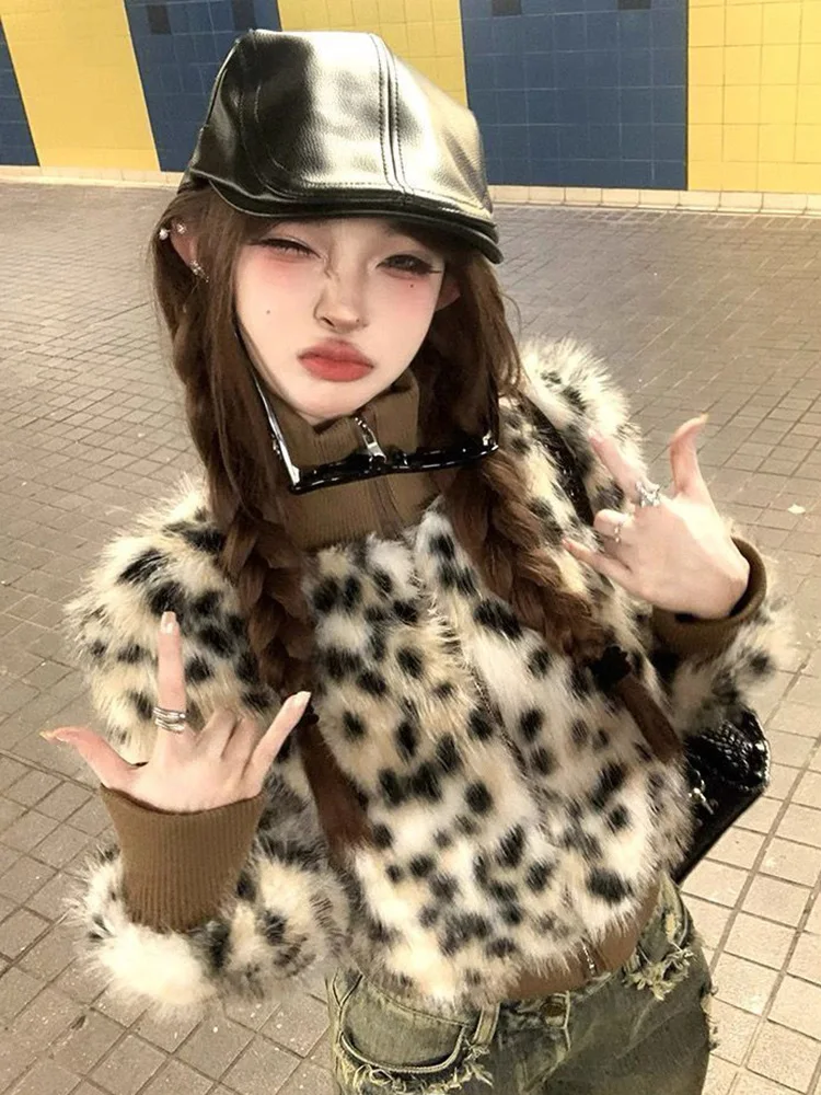 Y2K Leopard Faux Fur Coat Women Sexy Cropped Slim Streetwear Vintage Jacket American Stand Collar Zipper Harajuku Outwear Tops