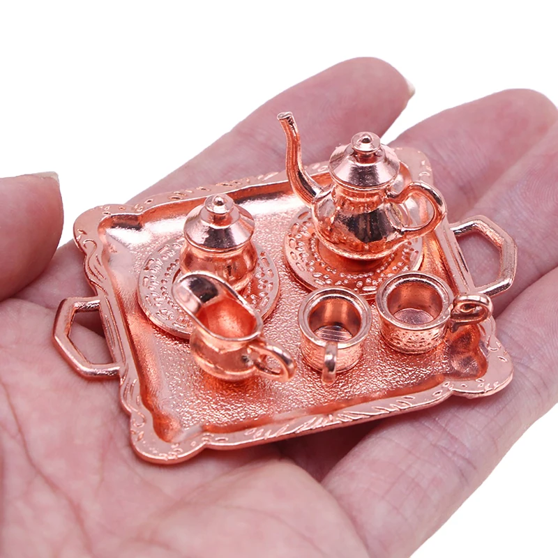 Doll House Mini Alloy Pattern Tea Set Miniature Kitchen Scene Props Matching Model