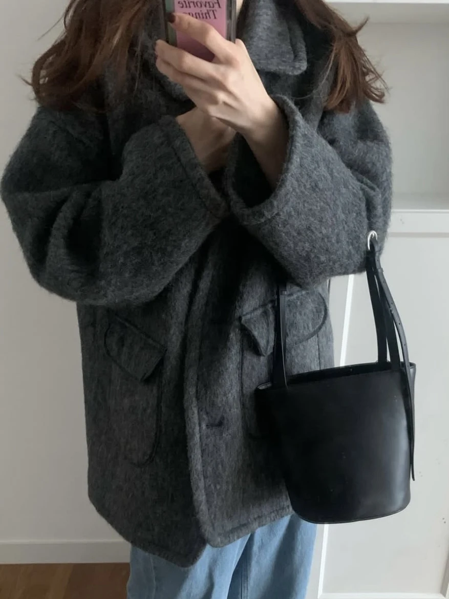 معطف صوفي دافئ كوري للنساء شتوي متوسط الطول بزر واحد وياقة أمامية من الفلانيل Jaet Gentle Fene #4