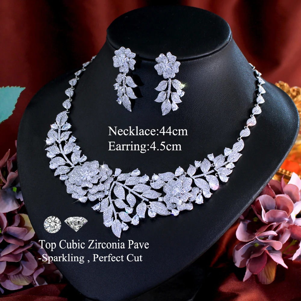CWWZircons Luxury Clear White Cubic Zirconia Big Leaf Flower Necklace 2Pcs Set for Women Wedding Dress Jewelry Accessories T0648