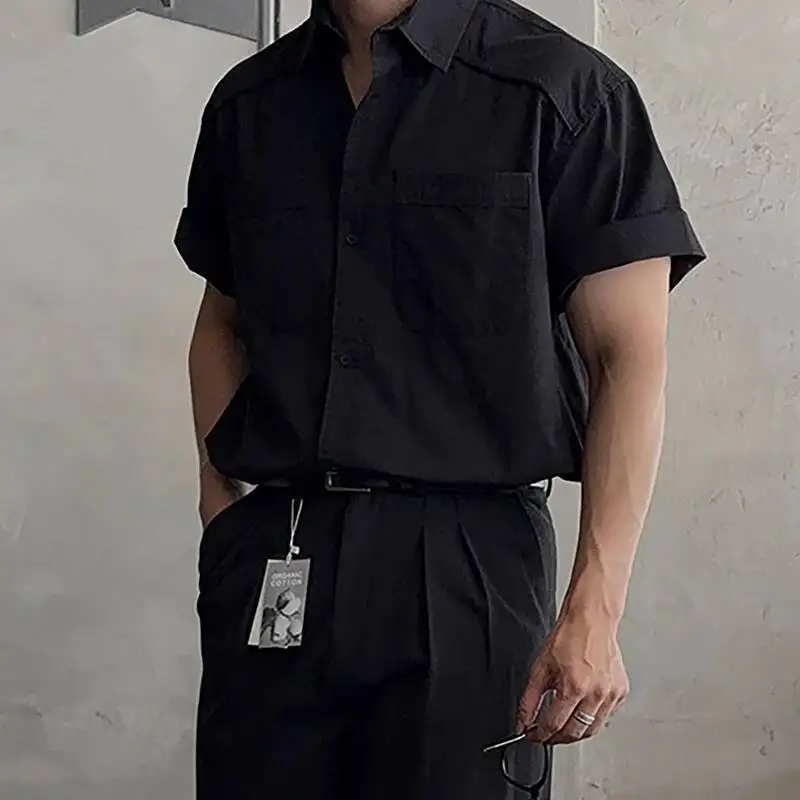 Short Classic Men's Sleeve Shirt Double Chest Pocket Rolled Cuff Signle Breasted Summer Casual Formal Blouse Top LOI9