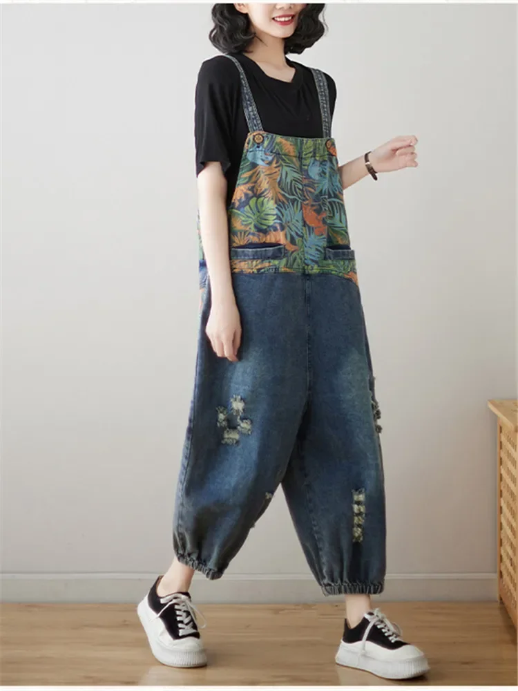 Alla moda retrò stampato patchwork jeans in difficoltà tuta design casual versatile pantaloni harem per le donne 2024 primavera autunno