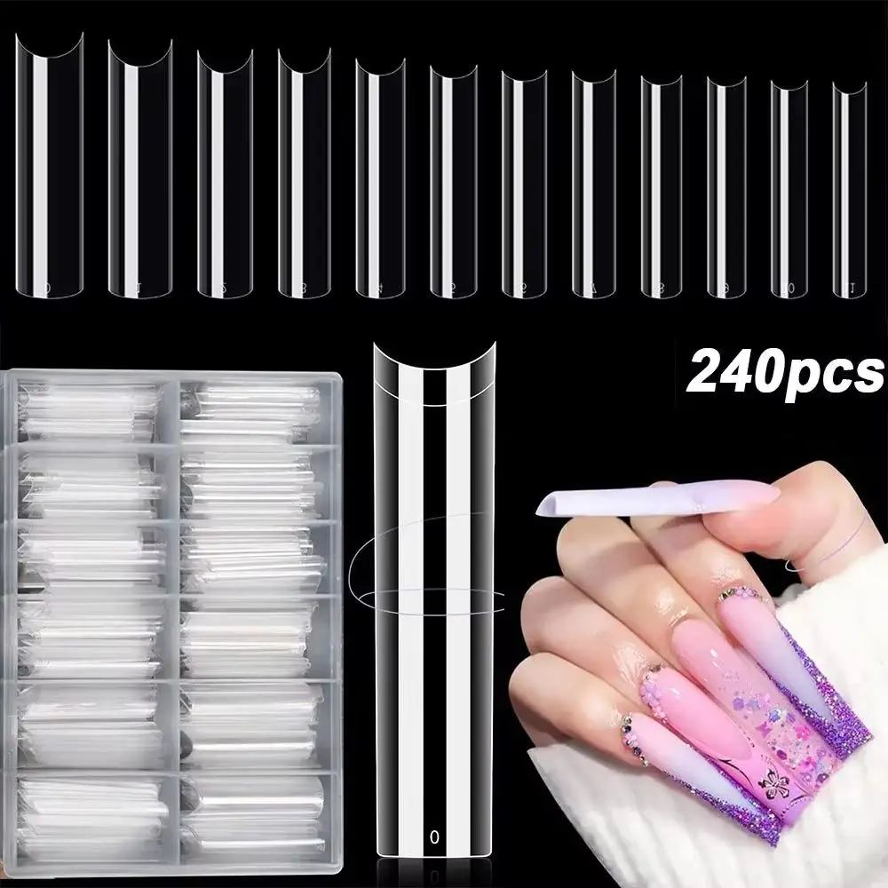 240 faux ongles carrés transparents extra longs 2XL, 12 tailles, demi-couverture, en acrylique, courbe C, pointe droite, style French, pour professionnels