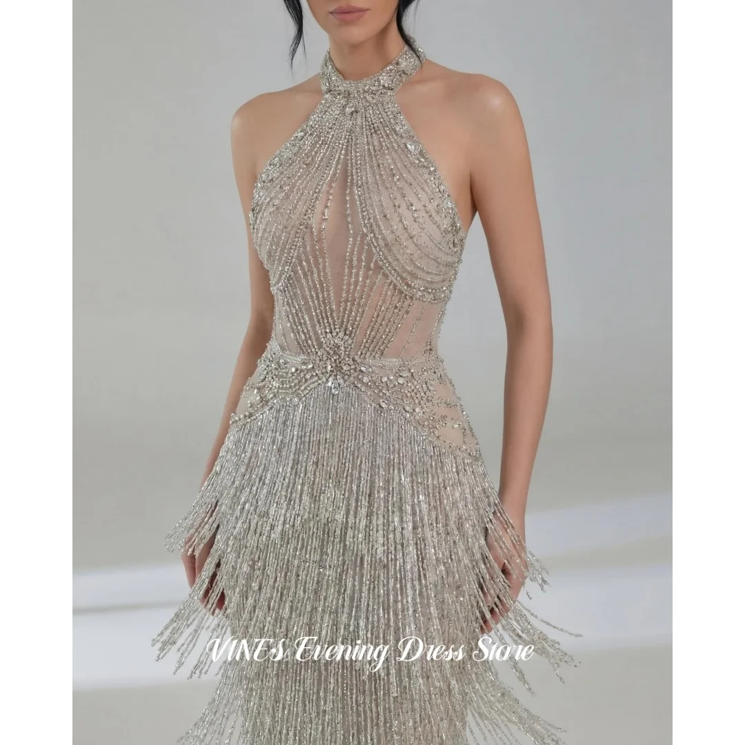 VINES Silver Halter Neck Prom Dress Mesh Crystal Beaded Tiered Fringe Tassel Mermaid Evening Dress Luxury Party Dress Customized view 3