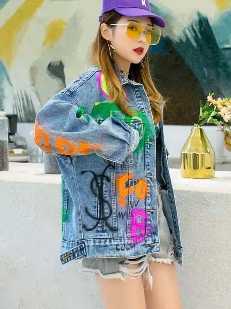 Spring Autumn Women Letters Graffiti Contrast Color Printed Stitching Denim Coat Jeans Bomber Jacket Cowboy Cardigan Chaqueta