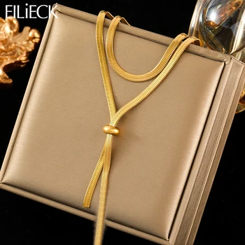 EILIECK 316L Stainless Steel Drawstring Tassel Long Necklace For Women Girl Fashion Gold Color Flat Snake Chain Jewelry Gift