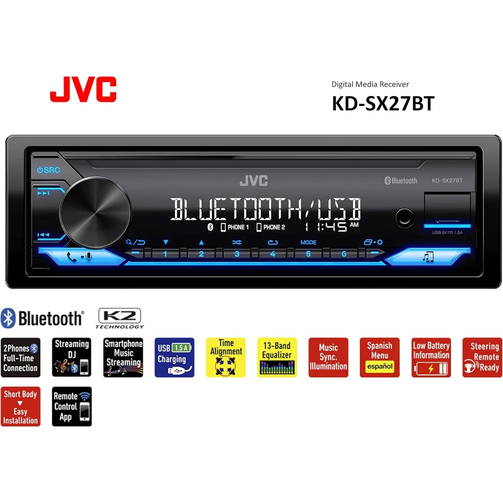 US KD-SX27BT Bluetooth Car Stereo with USB Port – AM/FM Radio, MP3 Player, High Contrast LCD, Detachable Face Plate – Single