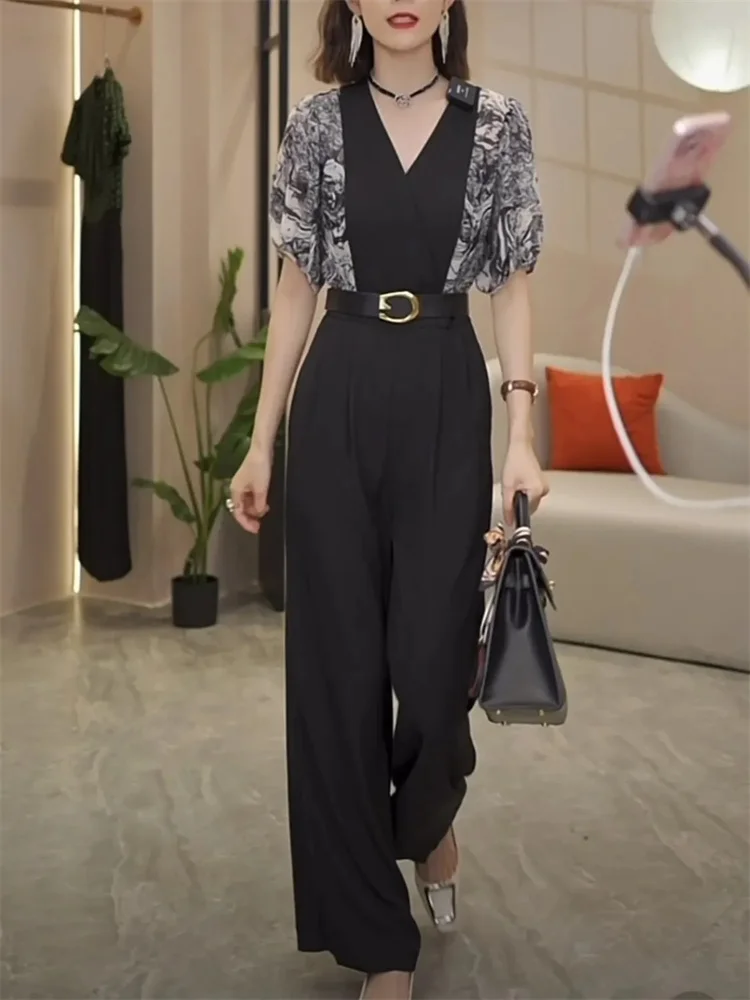 

Temperament French V-neck High Waist Splicing Jumpsuit High Woman 2024 Summer New Short Sleeves Drape Wide Leg Jumpsuit Female