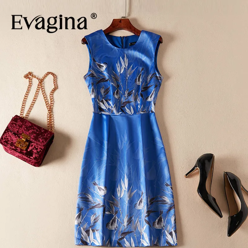 

Evagina Fashion design Spring Summer Women's O-Neck Sleeveless Ink Wash Printing Splicing Commuter Blue Mini Dresses