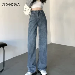 ZOENOVA Jeans met hoge taille Y2K Mode Dameskleding Blauw Zwart Denim broek met rechte pijpen Broek Moeder Jean Baggy broek lang