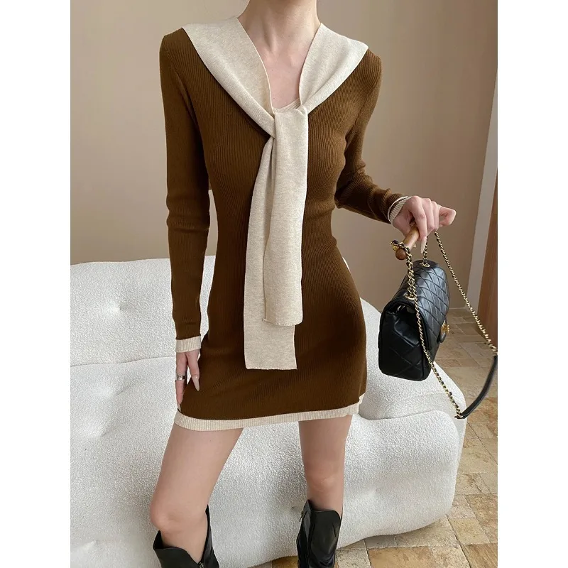 Womens Korean Fashion Faux Two Piece Dress Elegant Vintage Color Clash Knit V-neck Long Sleeve Shawl Collar Slim Fit Mini Dress