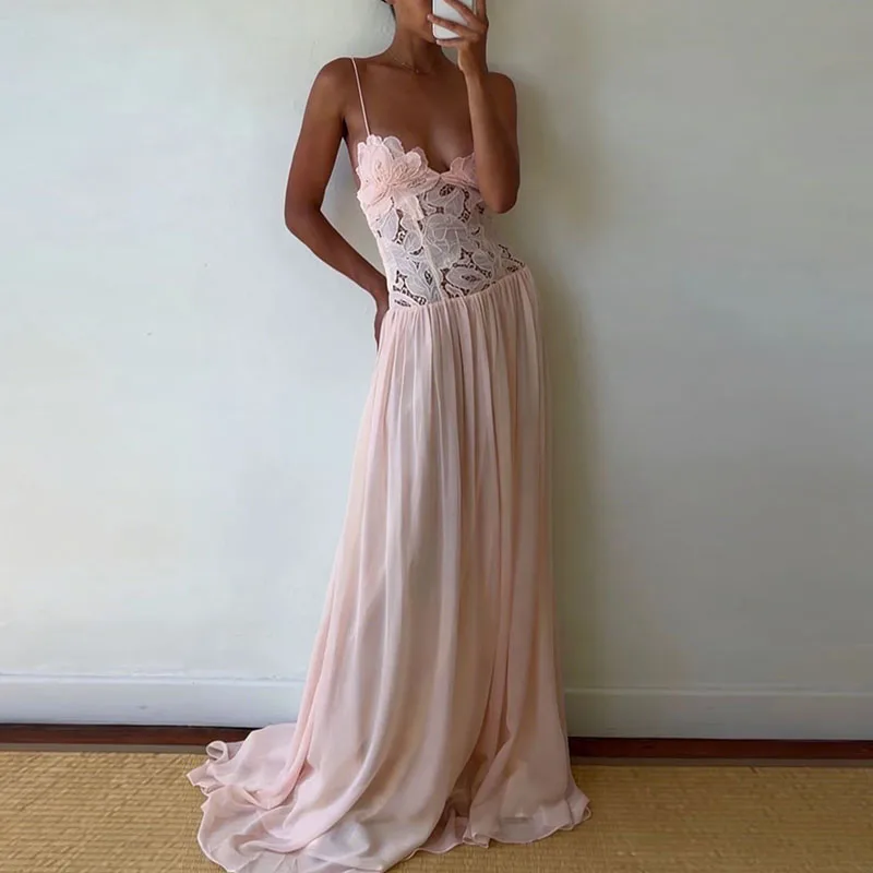 Casual mouwloze effen vakantiejurk, elegante off-shoulder chiffon halterjurk, sexy damesjurk met kant en patchwork, feestjurk met tailleaccent.