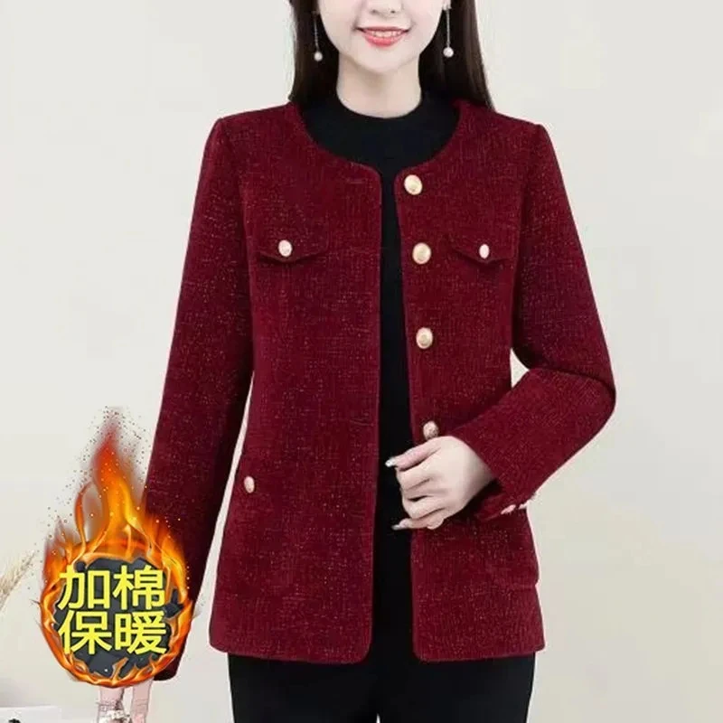 Red Tweed Blazers Women New Autumn Winter Loose O-Neck Single-Breasted Suit Jacket Female Korean Elegant Lady Coats Outerwear