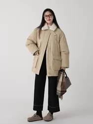 Lamb Wool Lapel Goose Down Coat Women's Winter Casual Loose-fit Medium-length Thickened Down Jacket White Goose Down Warm Coat