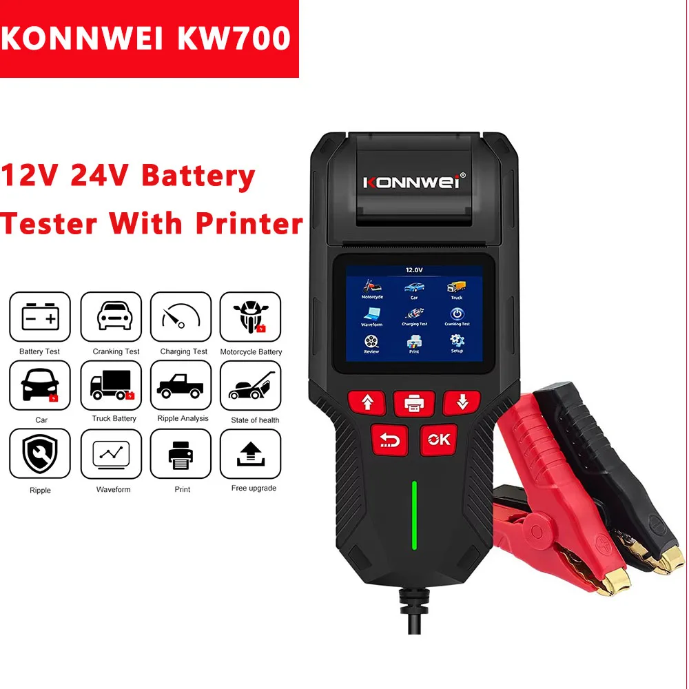 KONNWEI KW700 12V 24V Car Battery Tester with Printer Cranking Charging Test Tools Battery Health Test Diagnostic Tool
