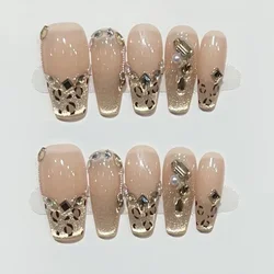 10Pcs Autumn Handmade Press on Nails Brown Leopard Print Design False Nail French Rhinestone Artificial Ballet Wearable Manicure
