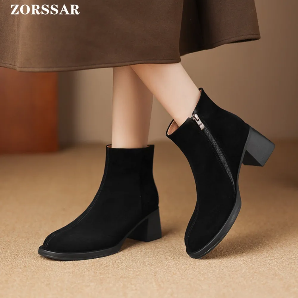 2025 جديد الخريف/الشتاء المرأة أحذية بوت قصيرة جلد طبيعي ساحة عالية الكعب أحذية الإناث الجلد المدبوغ موجزة النساء حذاء من الجلد