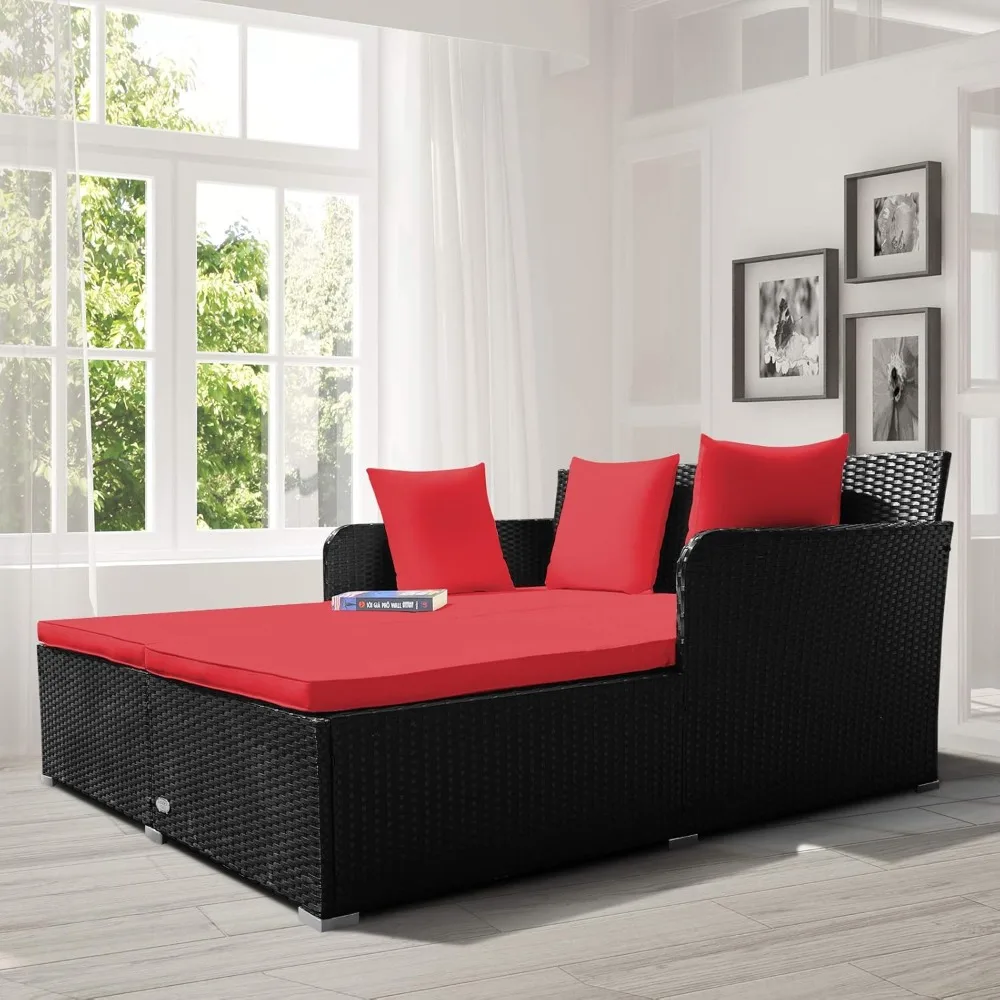 Outdoor Rattan Daybed, Sunbed Wicker Furniture w/Spacious Seat, Upholstered Cushion & High-Resilience Sponge, Wicker Patio