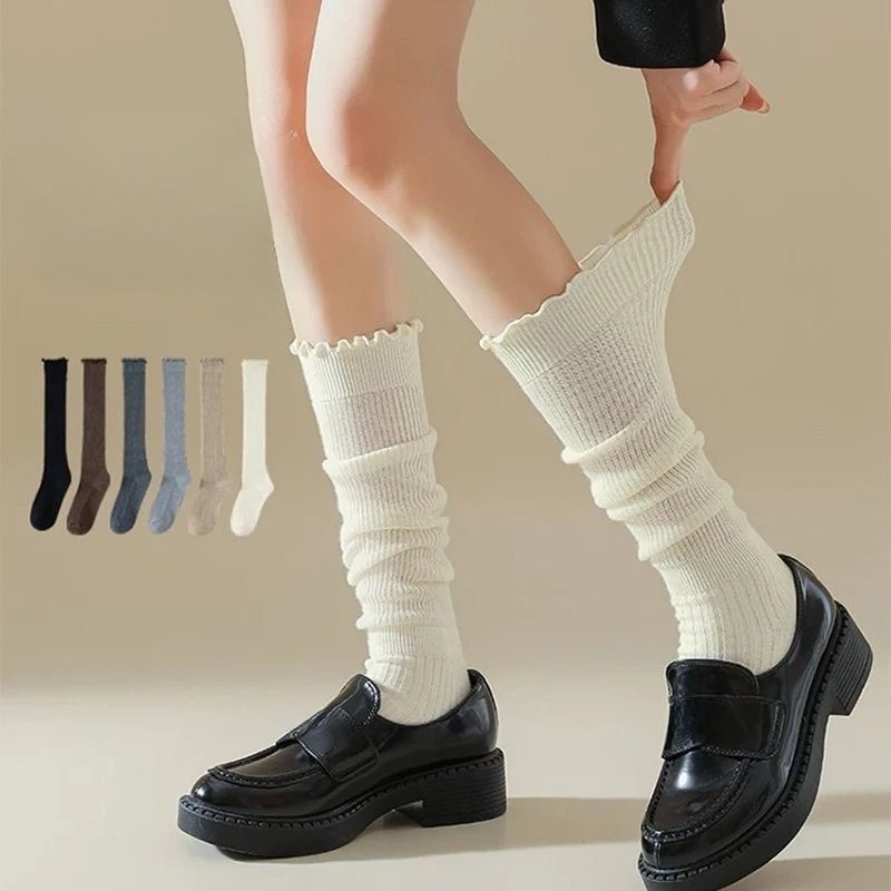 1/6 pairs of calf socks women's spring autumn style pure cotton mid tube socks solid color sweat absorbing simple casual socks