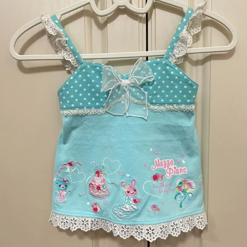 Verano japonés subcultura Kawaii dibujos animados impreso Halter chaleco arco encaje costura camisetas sin mangas mujeres Slim-fit lindo dulce camisola