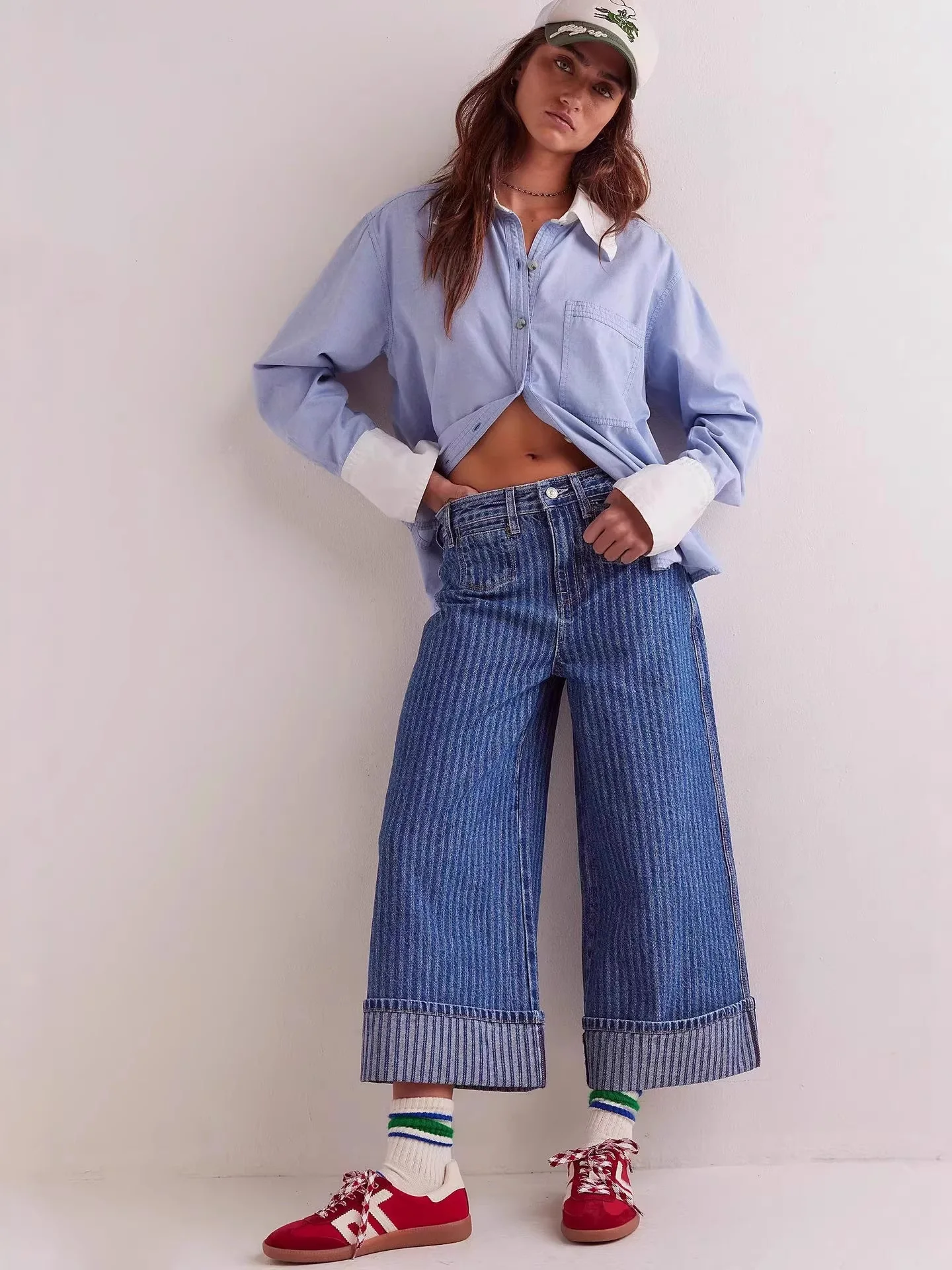 

Slimming Women's High Waist Straight Leg Jeans Striped Washed Denim Pants Retro Style Casual Commute Fashion Ladies Jeans