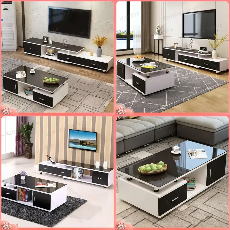 Large Modern TV Cabinet with Coffee Table Set Living Room Stone Style Mirror Finish Entertainment Center Sofa Table Combo
