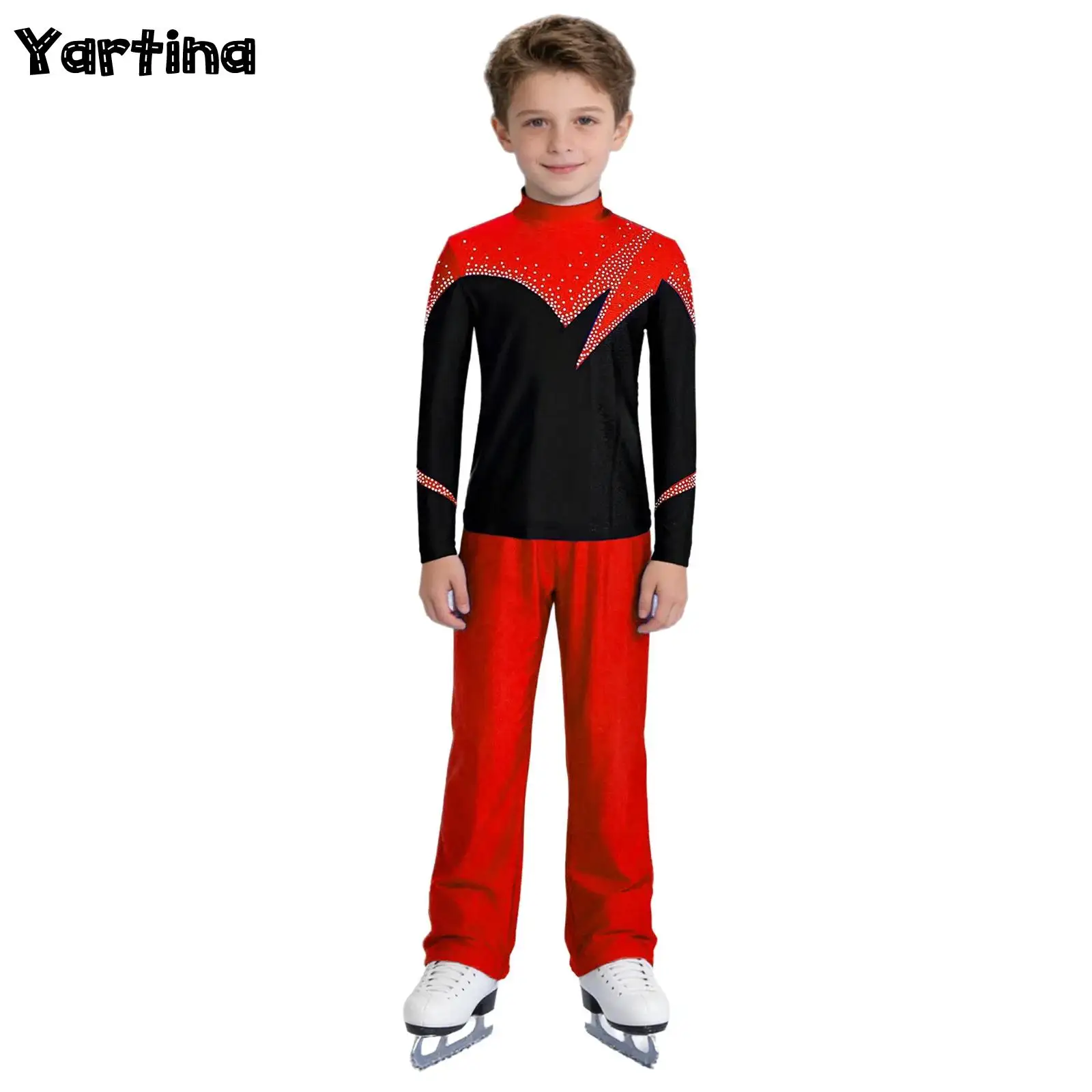 

Boys Shiny Rhinestones Figure Skating Ballet Dance Outfit Performance Costume Long Sleeve Back Invisible Zipper Top with Pants