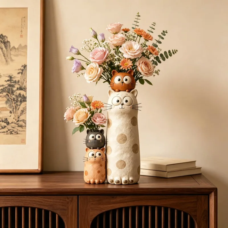 22cm Cartoon Cat Vase Hydroponic Planter Bud Flower Pot Cute Desktop Tabletop Home Room Office Fresh Cut Flowers Decoration