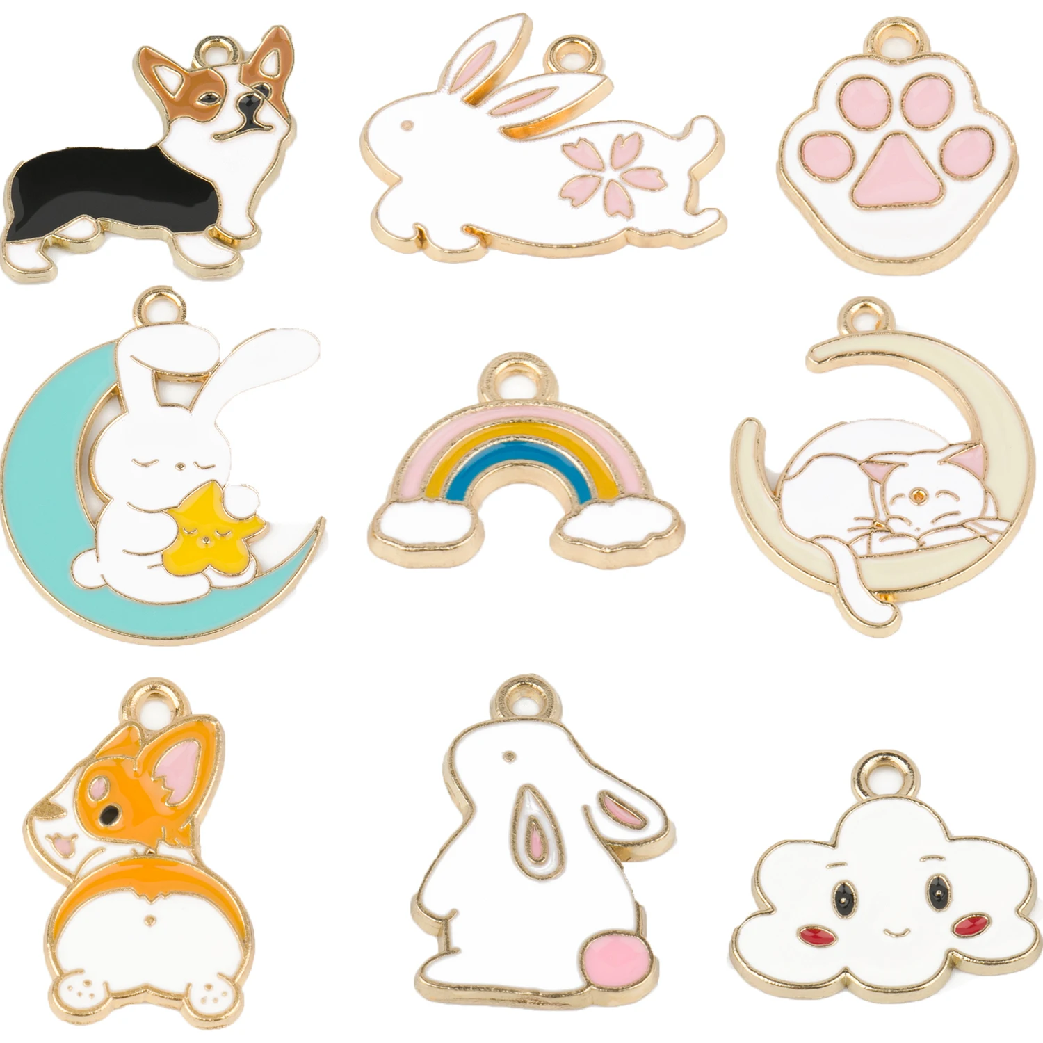 5Pcs /Lot Corgi Rainbow Rabbit Moon Cat-pad Mixed size Charms Animal Pendant For DIY Bracelet Necklaces Jewelry Accessories