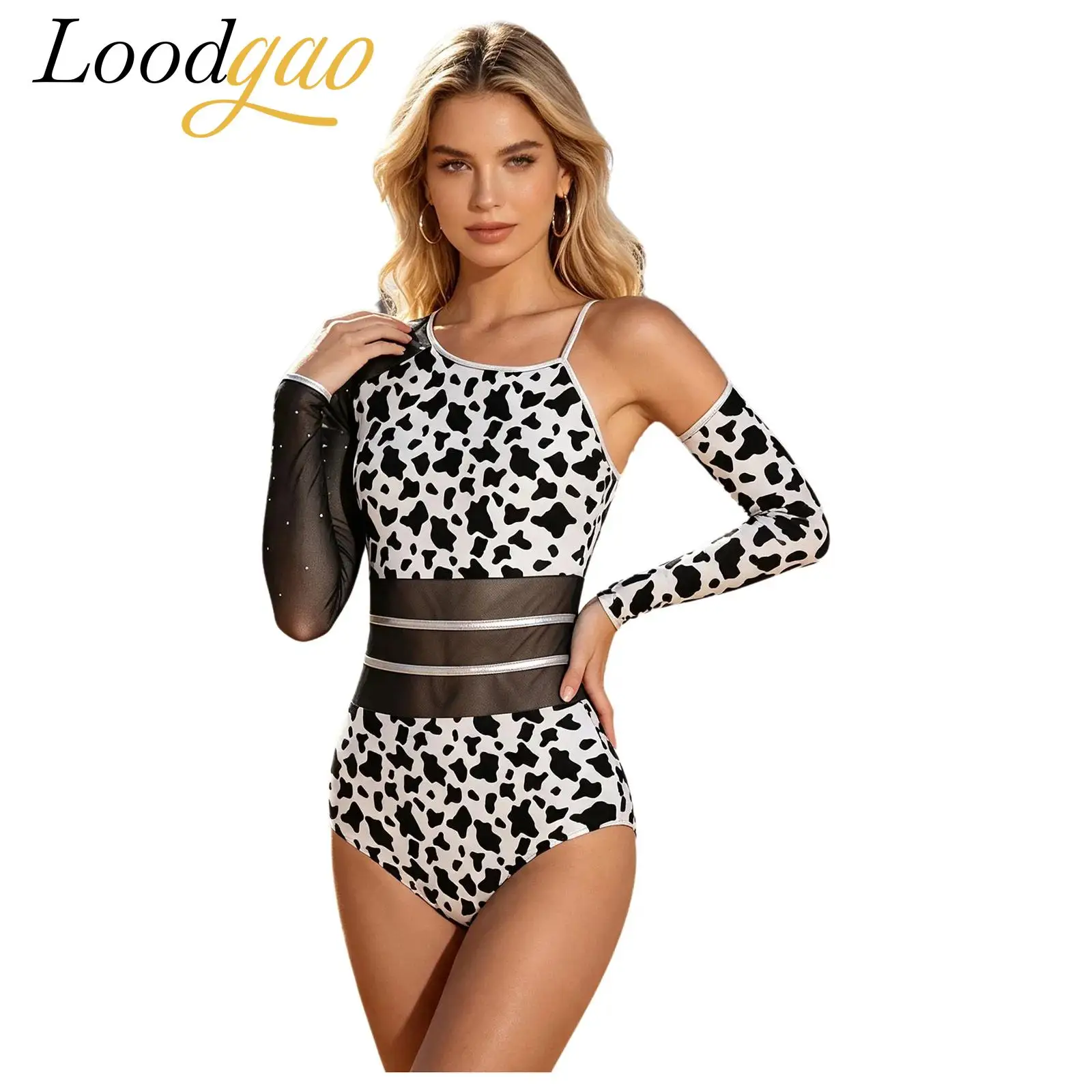 Adults One Shoulder Mesh Printed Bodysuit Sexy Women's Bodysuits Primitive Caveman Costume Cavewoman Leotard with Oversleeve