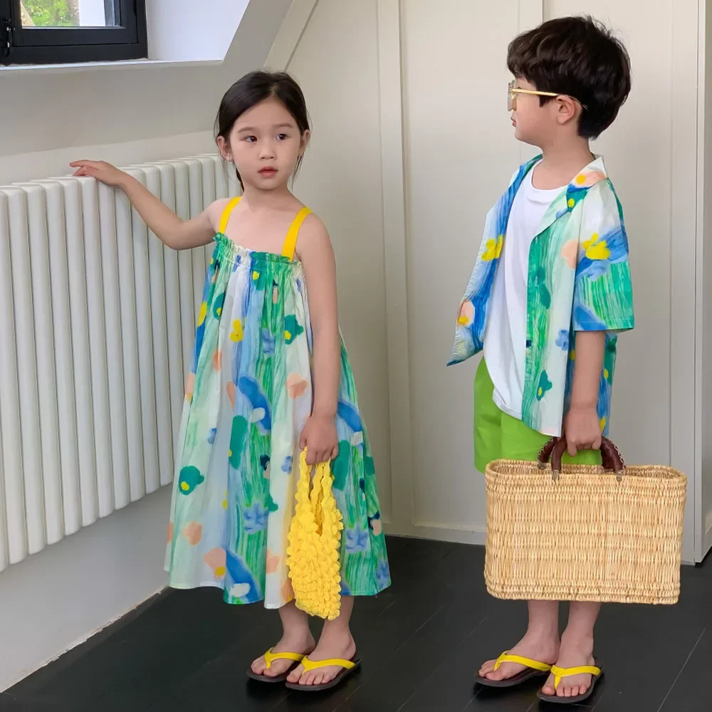 

Korean Summer Children Siblings Look Cotton Green Painting Kids Girls Sling Dresses Loose Turn Down Collar Toddler Boys T-shirts