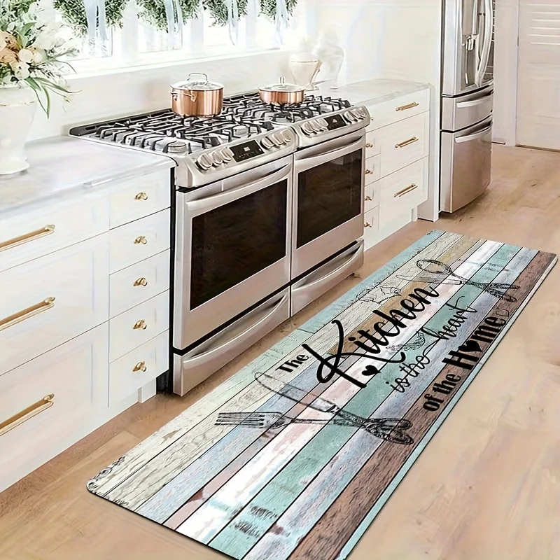 Multicolor Vintage Wood Plank Kitchen Word Fork Knife Print Runner Rug, non-slip carpet, rustic home mat kitchen aisle entryway