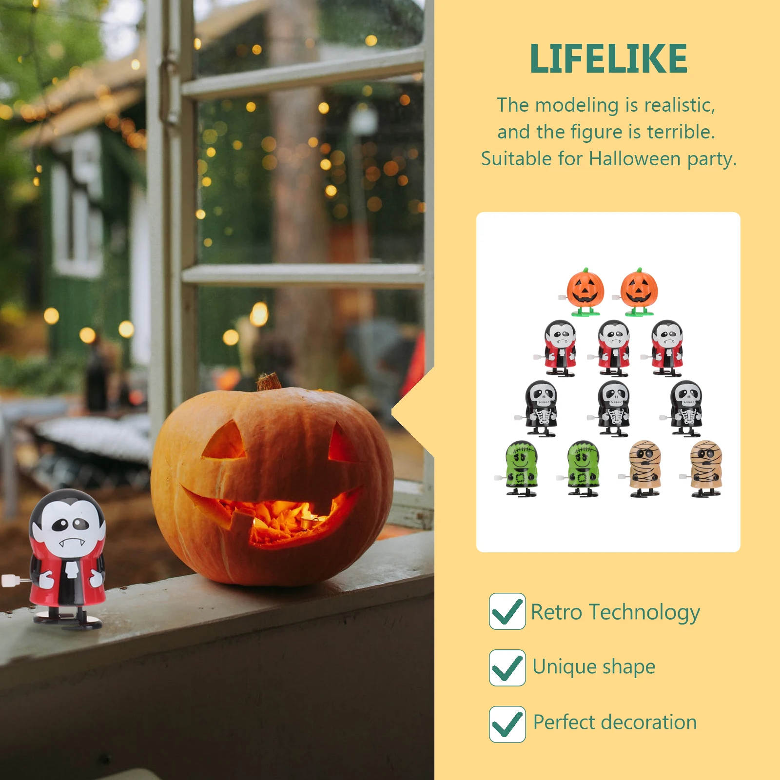 12pcs Halloween Assorted Favors Zombie Mummy Skull Green Figure Revolving Pumpkin Funny Shimmy Shake Safe Plastic