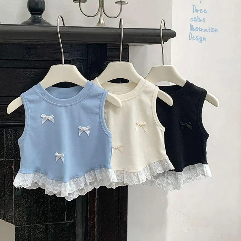 New Girls Summer Wear Short Sleeveless Bow-Knot Detail Floral Lace Edged Sweet T-Shirt Top Daily Versatile Children Clothing