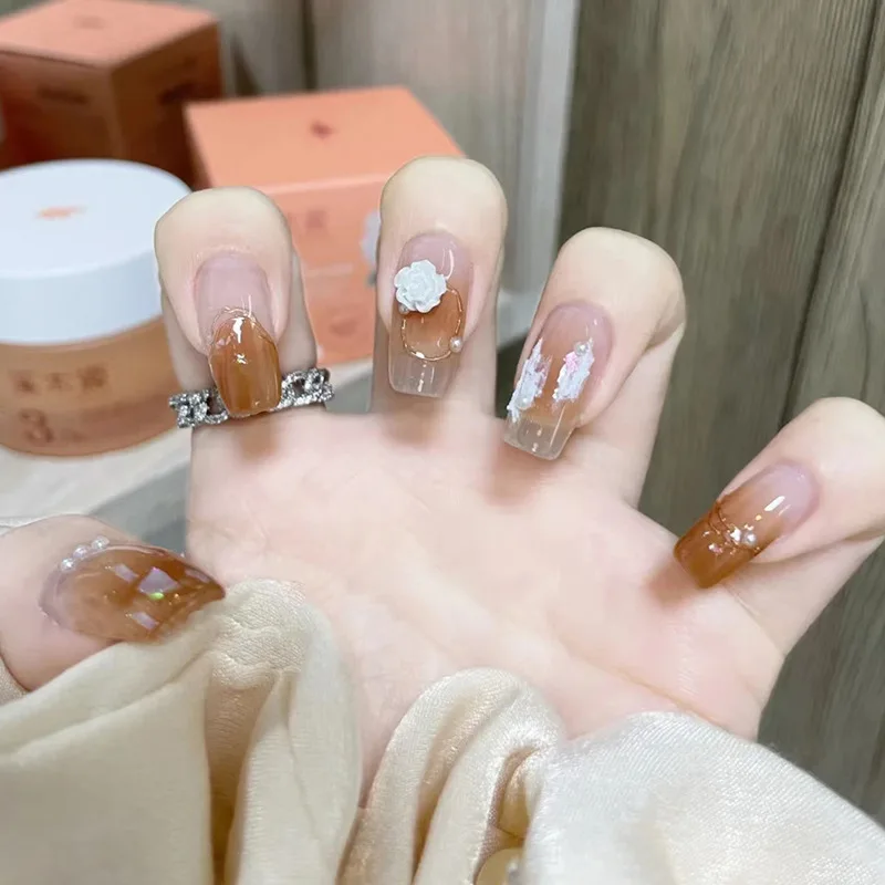 24pcs Cute Short Coffin Fake Nails Swallow Grid False Nails Sweet Pearl Press on Nails Glitter Diamond Nail Art for Women & Girl