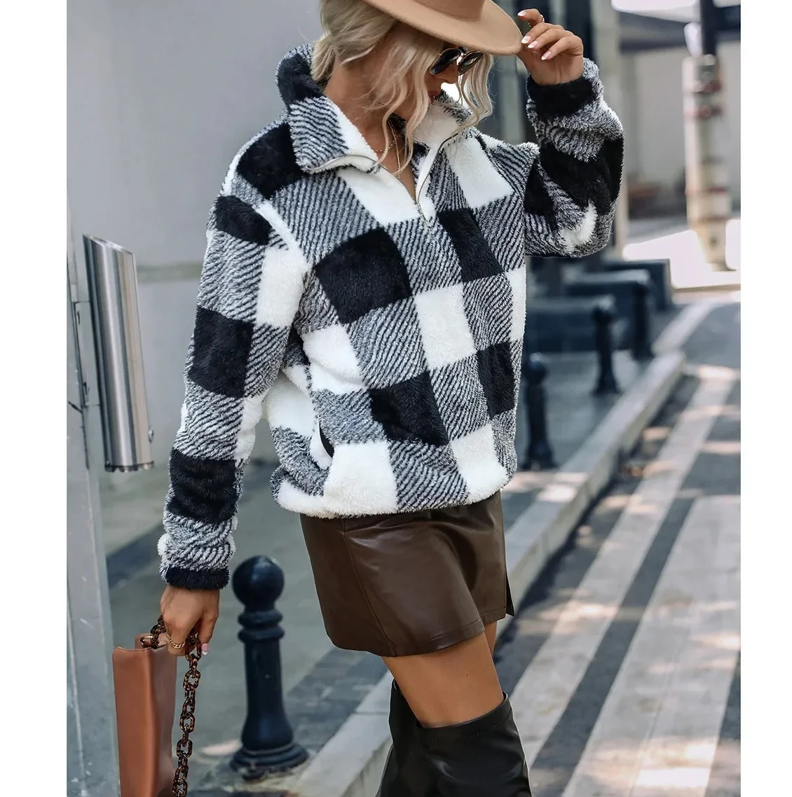 

Толстовка, пуловер с длинными рукавами, клетчатый принт, круглый вырез, двусторонний флис, хлопковый мягкий повседневный теплый топ