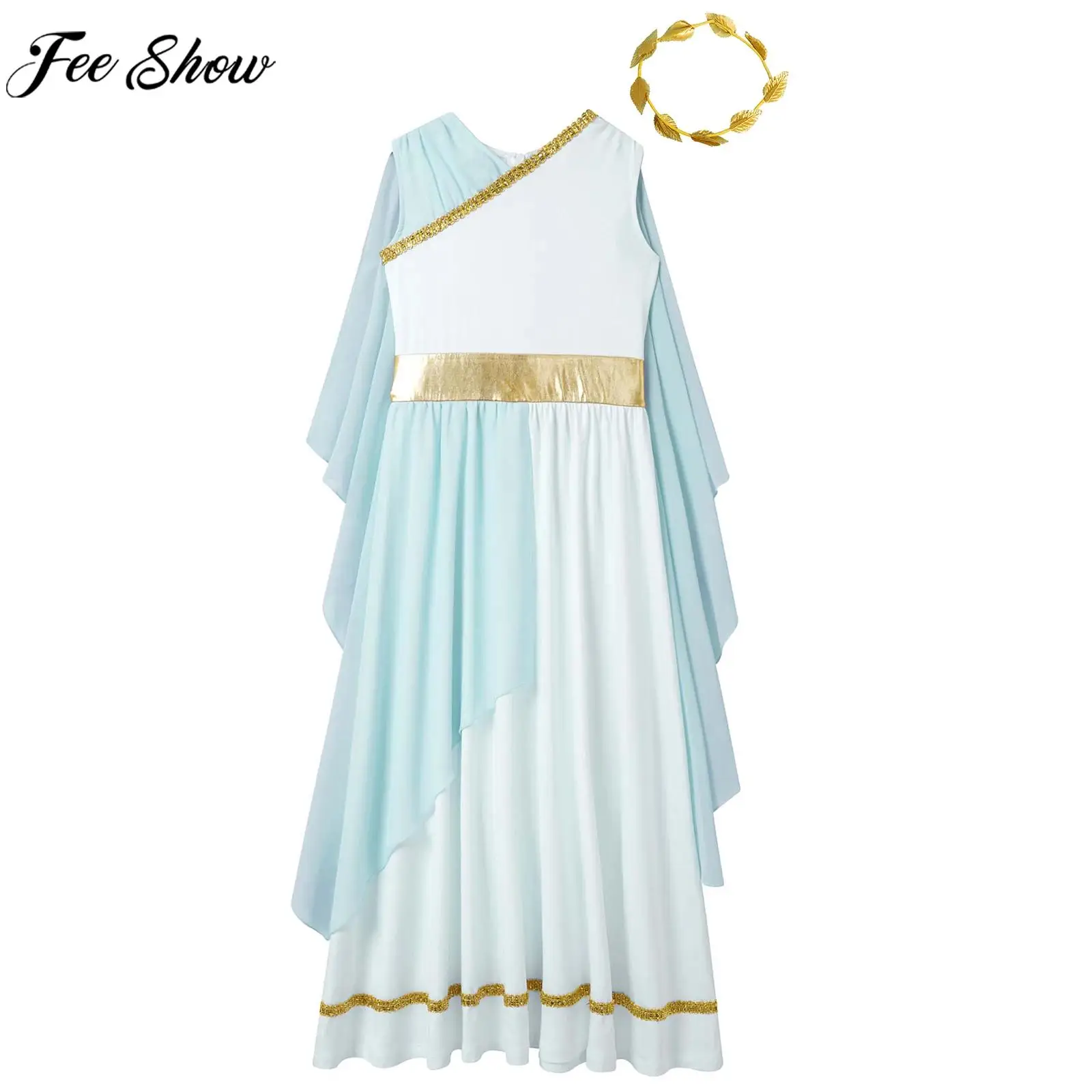 Children Girls Halloween Greek Roman Beauty Goddesses Princess Cosplay Costume Chiffon Ancient Toga Choir Dress with Garland