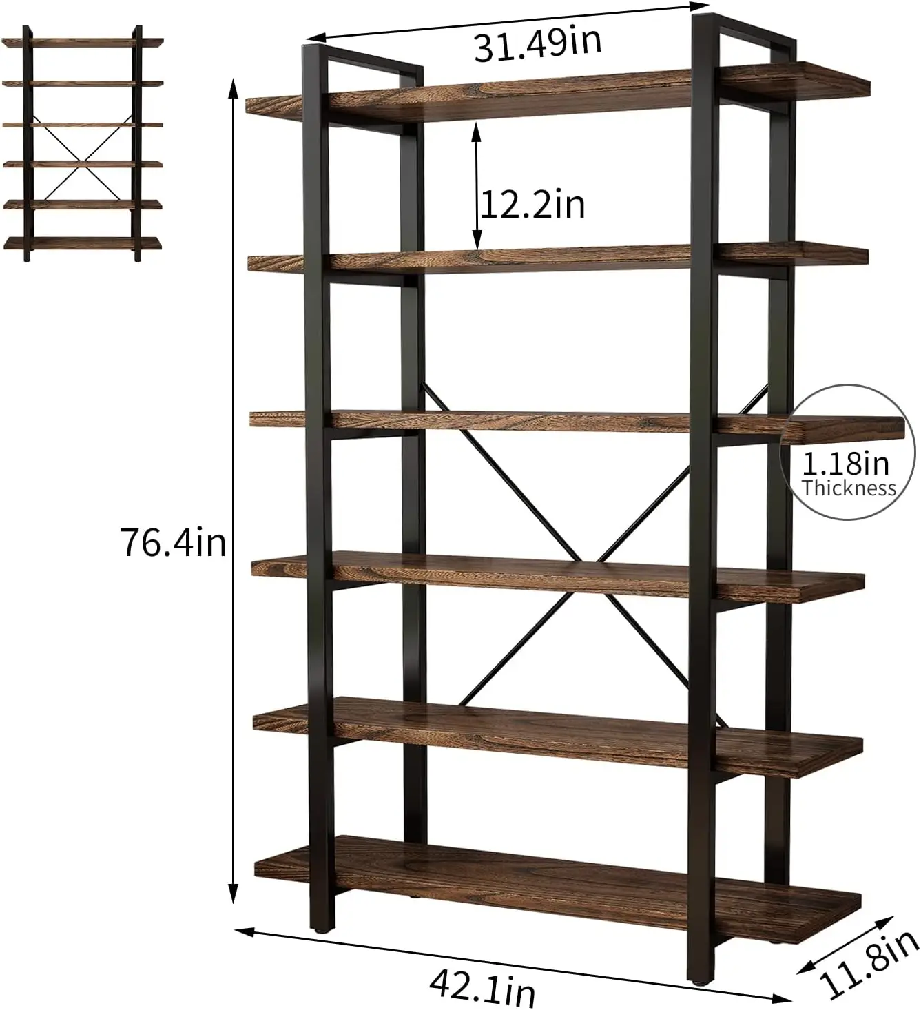 Book Shelves Wood and Metal Shelving Unit 5 Tier Bookshelf Modern Rustic Open Bookshelf Office,Distressed Brown (AY-02-6Tier)