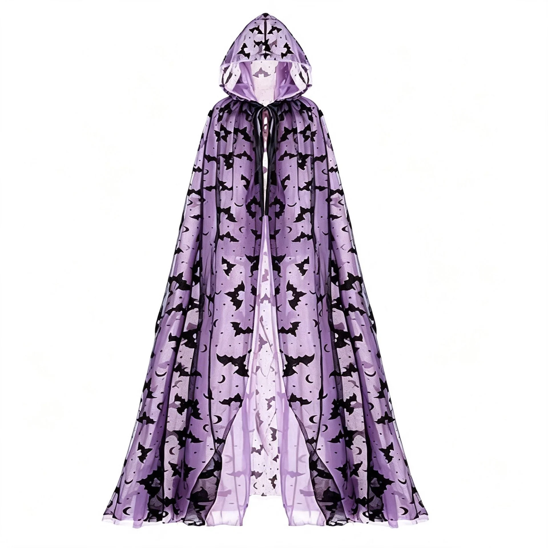 Gothic Bat Pattern Mesh Hooded Long Cloak Brown Lined Witch Cape Spooky Costume Accessory for Halloween Night Event Dress Party