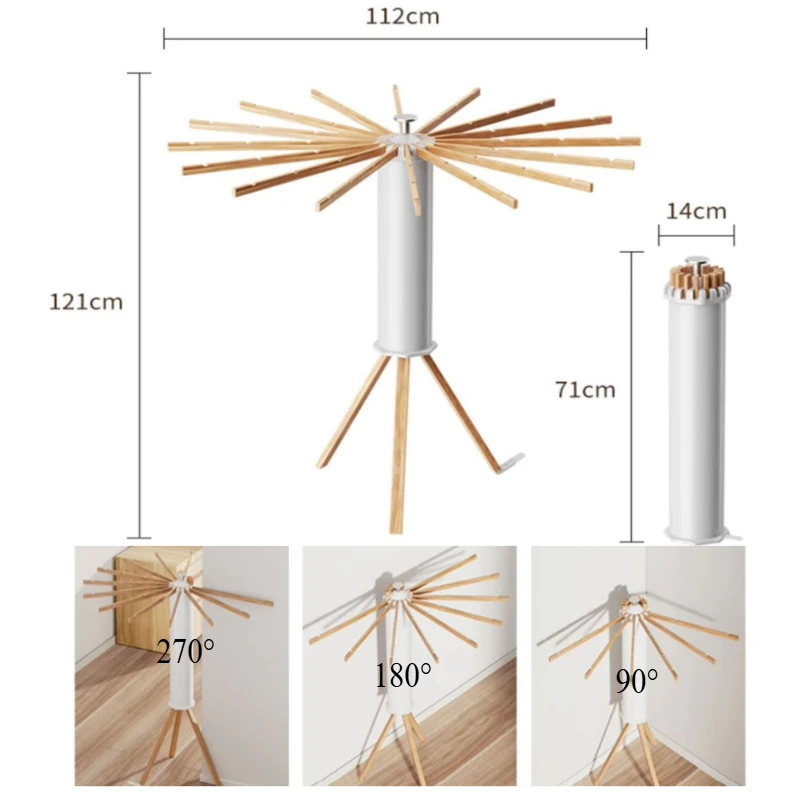 

Foldable Rotating Clothes Drying Rack Adjustable 360° Spin Space-Saving Compact Tripod with Wooden Arms for Home Organization