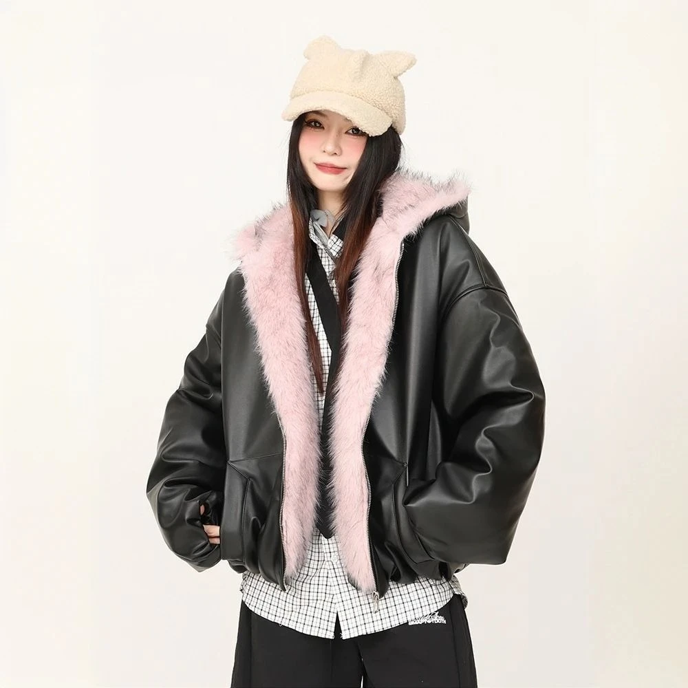 سترة نسائية كلاسيكية أمريكية غير رسمية بغطاء للرأس بأكمام طويلة من الفرو الصناعي Y2K معطف عتيق بلون نقي ملابس شارع هاراجوكو #3